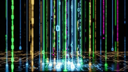 Colorful binary code 0s and 1s streams down from dark background onto glowing circuit board grid depicting fast digital data transmission and technological connectivity - Powered by Adobe
