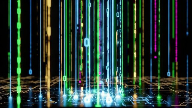 Colorful binary code 0s and 1s streams down from dark background onto glowing circuit board grid depicting fast digital data transmission and technological connectivity