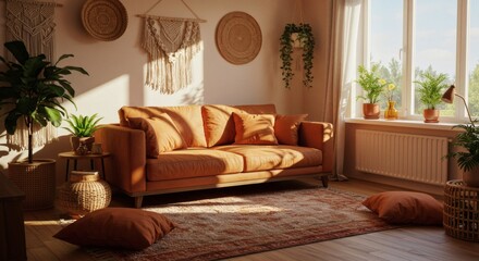 Bohemian Living Room with Earth Tones and Natural Light.