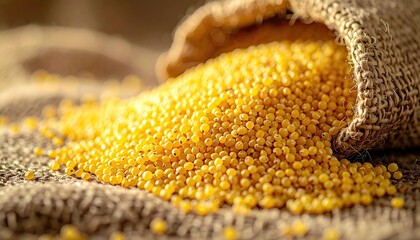 Golden Millet Seeds Spill From Burlap Sack on Textured Fabric in Warm Light