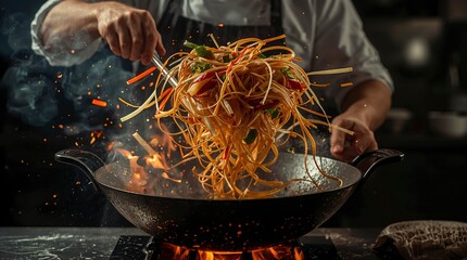 Chef tossing stir fry noodles dramatically in a fiery hot wok