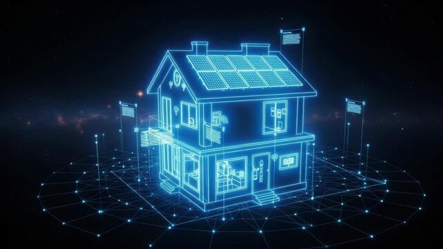 glowing blue wireframe smart home with solar panels on the roof surrounded by digital network grid of nodes and lines all set against starry cosmic background Data flags emerge
