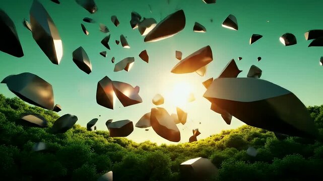 Explosive Deconstruction Over Lush Green Landscape with Dynamic Light and Sunburst Effect