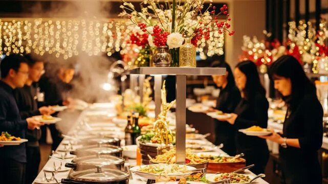 Guests enjoy vibrant buffet spread under warm string lights A long table showcases diverse dishes from fresh salads to hot entrees in chafing dishes amidst festive floral arrangements