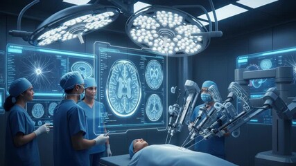 medical team in scrubs oversees robotic arms operating on patient Holographic screens show intricate brain scans and diagnostic data in futuristic surgical suite - Powered by Adobe