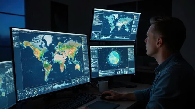 man analyzes global data on multiple monitors displaying world maps charts and spherical globe working in dark control room with mouse and tablet