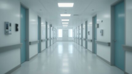 Empty long hospital hallway perspective modern architecture clean ster