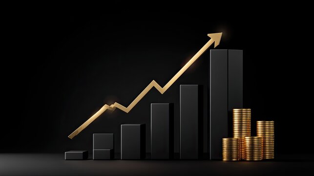 Golden Arrow Rising Above Bar Graph and Stacked Coins on Black Background