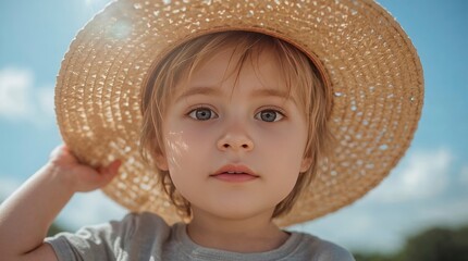 Adorable child portrait in straw hat against blue summer sky