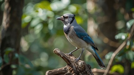 Gray and Blue Jay perched on a dead branch in a lush forest