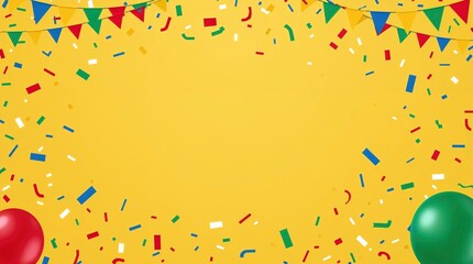 Festive yellow background with confetti flags and balloons
