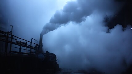 Fototapeta premium Industrial Smoke Emission from Pipes Surrounded by Thick Fog
