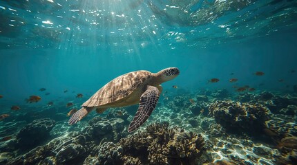 Obraz premium Sea turtle swims over coral reef under shafts of light