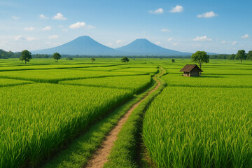Obraz premium Scenic Green Rice Fields with Path, Hut, and Mountains Under Clear Sky