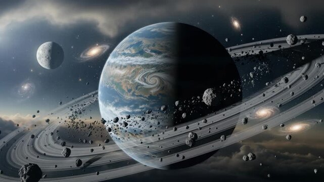ringed planet with swirling storm half-lit by starlight dominates cosmic scene Numerous rocky rings encircle it A cratered moon and distant spiral galaxies fill the starry expanse