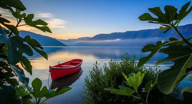 Scenic Lake with Red Rowboat and Snowy Peaks - Powered by Adobe