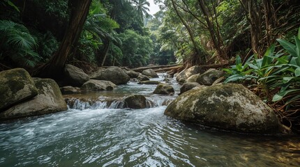 Rushing river through lush green tropical jungle and rocks