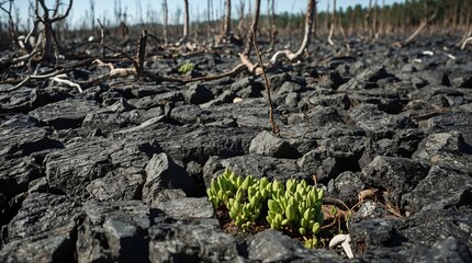New green life sprouts from black burnt earth after forest fire
