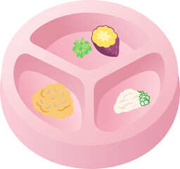 Pastel Pink 3-Compartment Dog Food Bowl with Healthy Meals Supporting Canine Wellness – Illustration