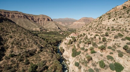 Lush river oasis in rocky gorge with resort buildings