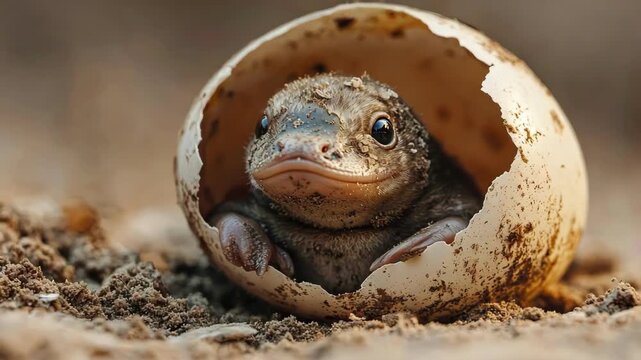 A newborn lizard emerging from a cracked eggshell in a natural setting.