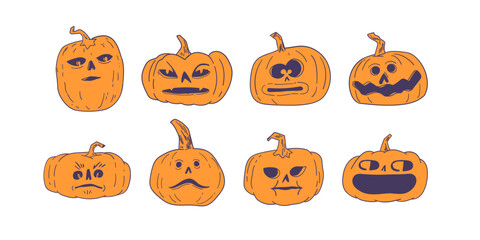 hand drawn Halloween pumpkins with funny and spooky carved faces, cartoon vector illustration