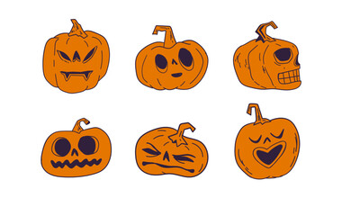Halloween pumpkins with funny and spooky carved faces, hand drawn vector illustration