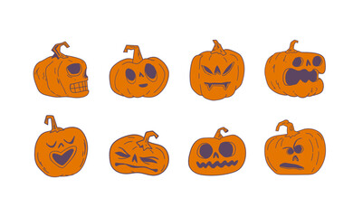 Halloween pumpkins with funny and spooky carved faces, hand drawn vector illustration