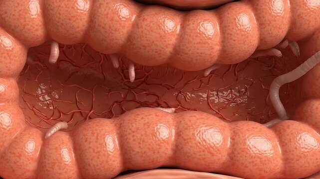 Intestine Cross Section with Parasitic Worms Inside Internal Anatomy Concept Illustration on Red Vein Background