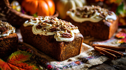 Festive pumpkin bread loafs topped with cream cheese frosting and pecan nuts, surrounded by autumnal decorations for Thanksgiving. Food concept