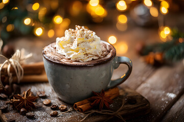 Warm cup of hot chocolate with whipped cream, cinnamon, and star anise on rustic wood with blurred festive background. Drink concept