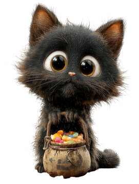 Cute fluffy black cartoon cat with big eyes holding a basket full of colorful candies isolated on transparent background