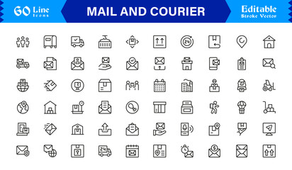 Mail and courier essentials unique line icon collection showcasing clean, pixel-perfect, and scalable line icons tailored for modern postal and logistics concepts.