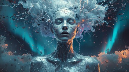 Ethereal futuristic woman with flowing water hair and aurora borealis inspired energy