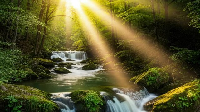 Sunlight streams through lush verdant forest canopy illuminating picturesque river with multiple cascading waterfalls and moss-covered rocks serene vibrant natural scene