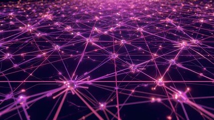Abstract glowing network of interconnected nodes and lines in vibrant purple and pink hues on a dark background