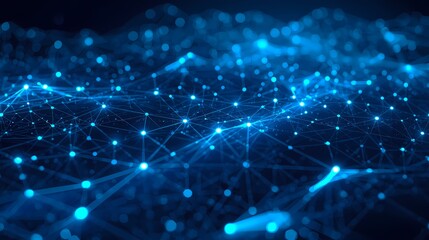 Abstract network of glowing blue lights and interconnected lines representing digital data flow and global connections