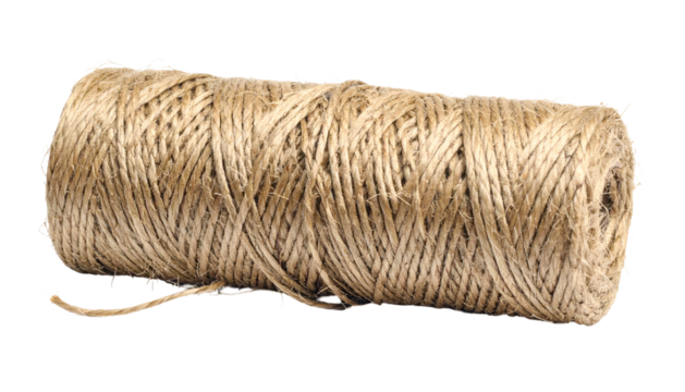 Spool of brown twine, natural fiber, tightly wound on a roll