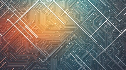 Abstract digital circuit board pattern with glowing lines and geometric shapes in orange and blue hues