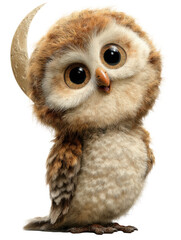 Obraz premium Adorable fluffy baby owl with big eyes and a crescent moon on its head, isolated on transparent background