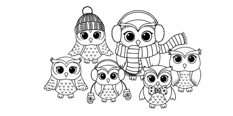 Fototapeta premium Cute Cartoon Owls Vector Set: Adorable Birds in Winter Accessories, Scarves, Hats, and Earmuffs. Cozy Animal Characters for Christmas and Holiday Design.