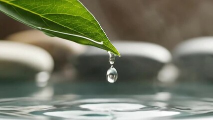 Green Leaf with Water Droplets over Smooth Water Surface and Blurred Pebbles Serene and Minimalist Nature Scene Close Up with Soft Lighting - Powered by Adobe