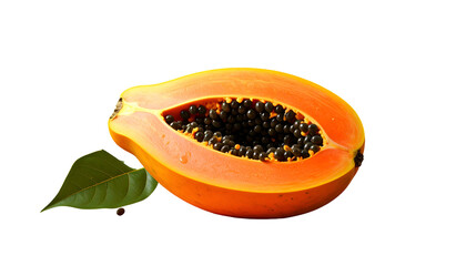Cut papaya reveals orange flesh, black seeds, with a green leaf