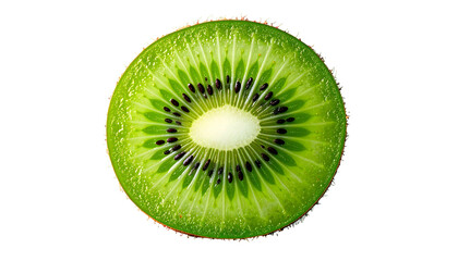 Slice of a vibrant green kiwi fruit, showing its inner structure