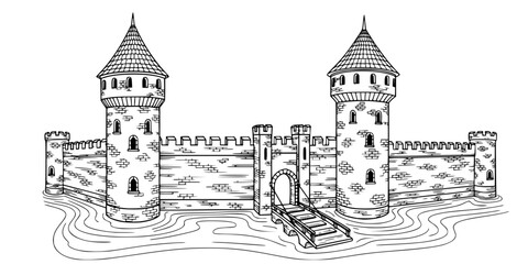 Naklejka premium Medieval Castle Elements Vector Set: Engraved Towers, Walls, Moat, Drawbridge, Gate, Flag, and Fortification. Vintage Architecture & Warfare Illustration.