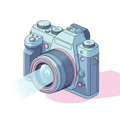 Stylized isometric illustration of a modern digital camera with a lens flare, depicted in a cool blue and pink color palette.
