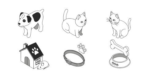Isometric Pet Icons Vector Set: Dog, Cat, Paw, Bone, Collar, House, Bowl, and Mouse. 3D Graphic Elements Collection for Veterinarian, Animal Care, and Store Design.

