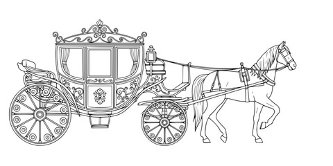 Naklejka premium Vintage horse-drawn carriage line art with elegant details for coloring 