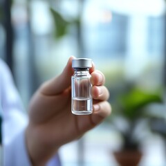 Doctor holding medical vial containing liquid medicine close up  high resolution   for isolate image