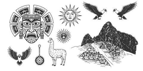 Fototapeta premium Traditional Peruvian Elements Vector Set: Inca Mask, Sun, Llama, Eagle, Machu Picchu, Alpaca, and Ancient Symbols. Retro South American Culture Illustration.